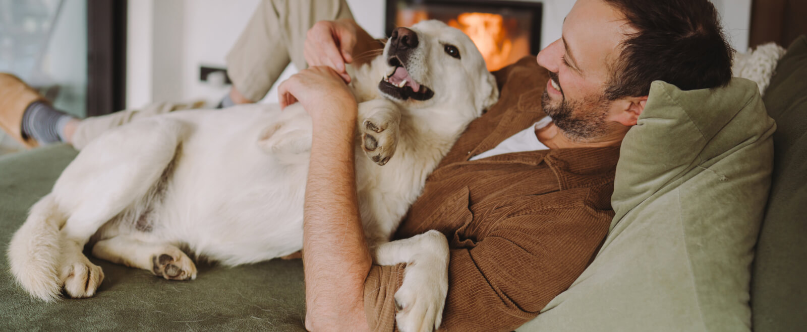 Owner and pet enjoying together by the fireplace